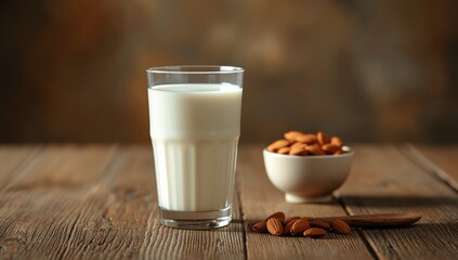 Plant-based drink served in a glass with roasted almonds and wooden utensils on a rustic surface, highlighting nutritious foods