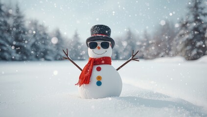 Obraz premium A playful snowman with accessories in a winter landscape, seasonal holiday setting
