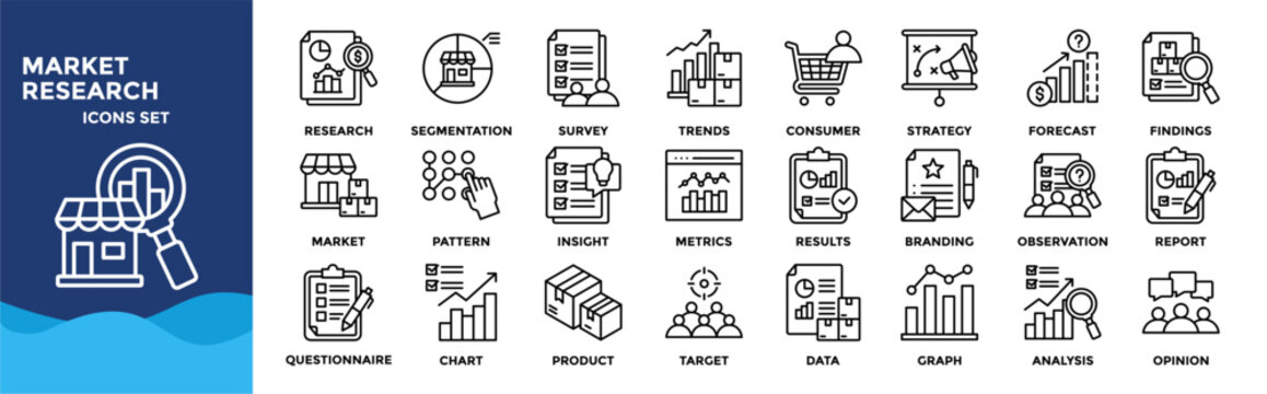 Market research icon set collection. pack contain analysis, survey, insight, trends, data, consumer, report, research, metrics, chart