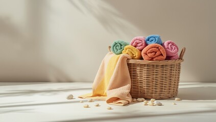 Light-colored towels in a basket with pebbles on a neutral background, ideal for relaxation or wellness themes
