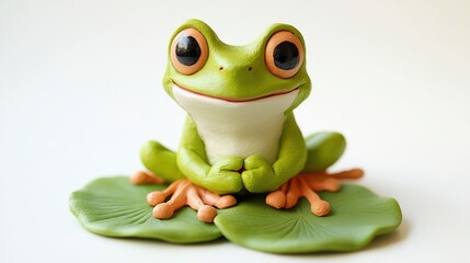 Green Frog Figurine on Green Leaves with White Background