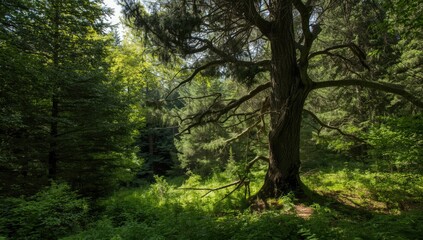 Fototapeta premium Ancient spruce among summer conifers, highlighting forest resilience