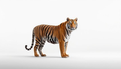 Obraz premium Single Amur tiger profile on a white backdrop, highlighting feline strength, wildlife preservation