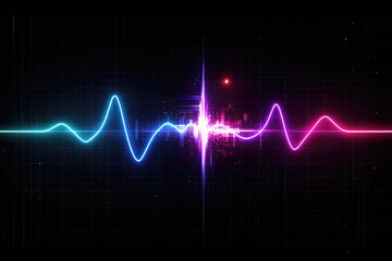 Fototapeta premium Dynamic waveform visualization with vivid blue and pink pulsations symbolizing sound energy and rhythm technology representation in a futuristic digital landscape