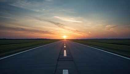 Minimalist wide-angle shot of an airport runway during sunset, highlighting surface markings and surrounding field, for aviation layout