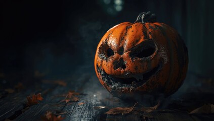 Damaged Halloween pumpkin lantern with mold growth, closeup of deteriorated Jacks lamp, seasonal decay awareness