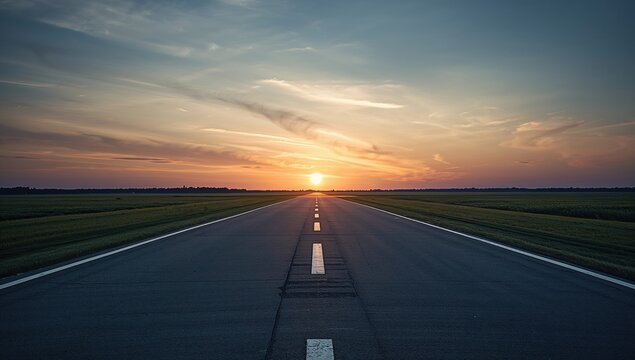Minimalist wide-angle shot of an airport runway during sunset, highlighting surface markings and surrounding field, for aviation layout