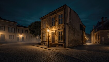 Historic square at night with illuminated architecture highlighting urban heritage, cultural preservation