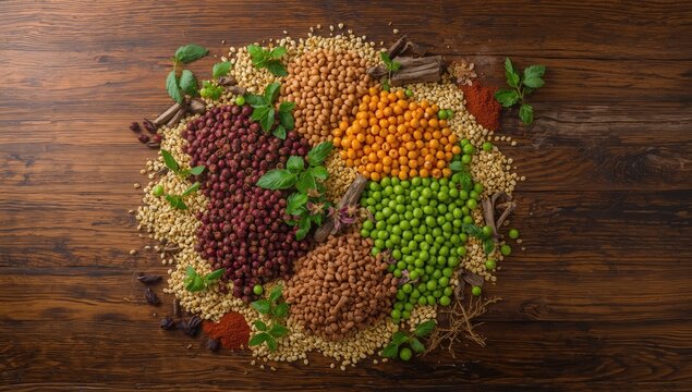Aerial perspective of grains prepared for fanesca, a common Ecuadorian dish during Easter, ingredient variety