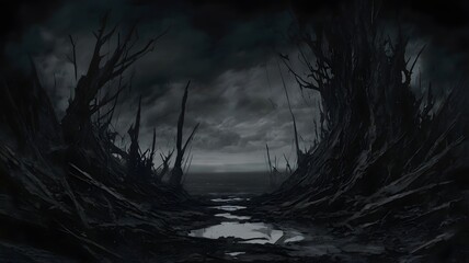 Dark Forest Landscape with Gloomy Sky and Twisted Trees in Desolate Wilderness