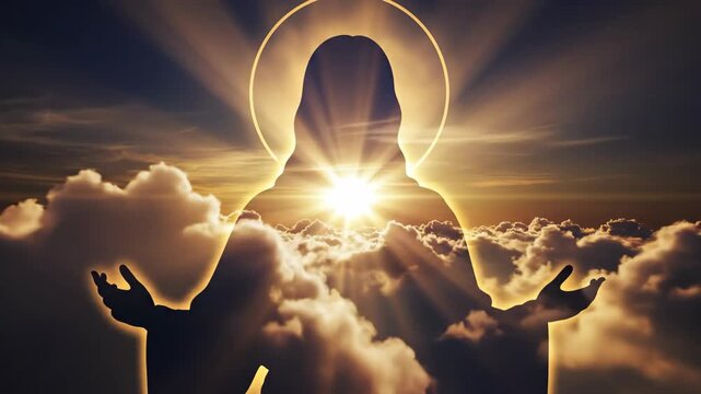 Man silhouette in sky with sun rays shining through cloud, a religious concept showing divine presence and spiritual light