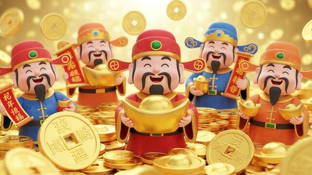 Smiling gods of wealth surrounded by a shower of golden coins and ingots bringing prosperity