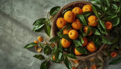 Mandarins and oranges arranged with greenery in a basket against a cement surface, highlighting organic vegetarian citrus for winter nutrition, Winter awareness day