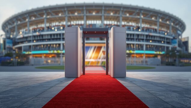 Mobile screen-shaped cricket stadium entrance with a red carpet leading inside, sports venue design, International Sports Day