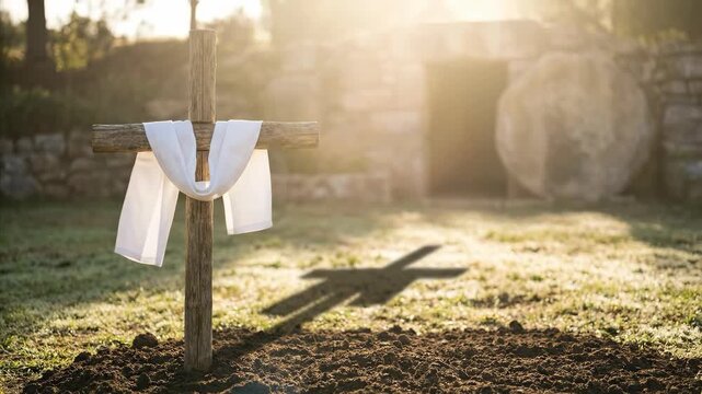 Wooden cross with white cloth and empty tomb with rolling stone during a bright sunrise. Religious representation for Easter holiday.