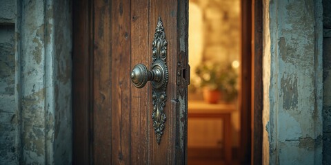 Antique door hardware mounted on a weathered wooden door, highlighting preservation and restoration efforts