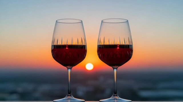 two wine glasses (half-full) resting side-by-side on a balcony railing at sunset, , camera zooms in ,