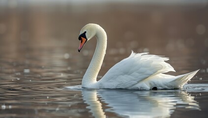 Fototapeta premium White swan resting on a quiet lake in winter, highlighting wildlife preservation during seasonal transition.