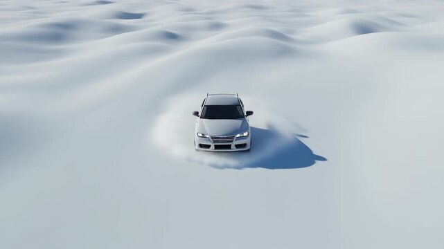 Dynamic high-angle shot of a silver suv driving fast and kicking up snow spray across a vast, cold, pristine white winter desert.