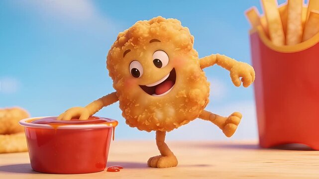 Happy Chicken Nugget Character Dipping into Ketchup with French Fries in Background.