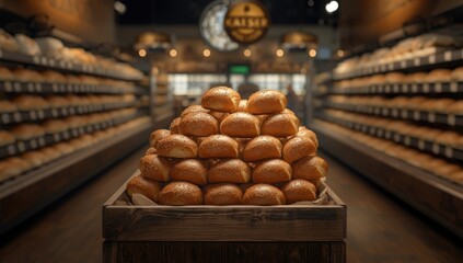 Golden brown bread rolls stacked in a bakery section, ideal for breakfast or sandwiches, bread display