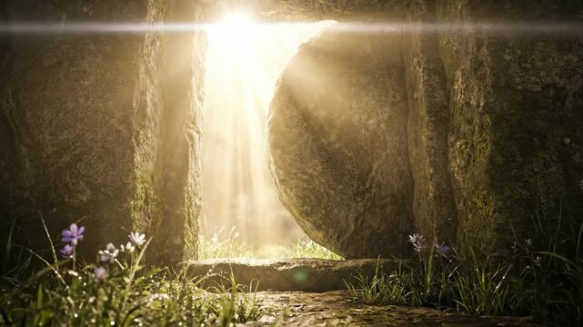 An empty tomb with a rolled-away stone and brilliant light streaming from the entrance, symbolizing resurrection on Easter morning.