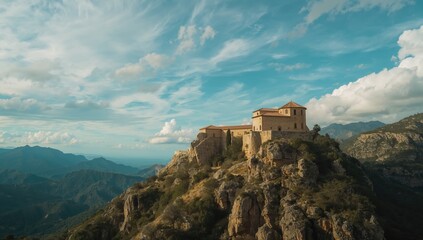 Obraz premium Panoramic landscape of the mare deu del far sanctuary in Spain, highlighting rural setting and historic structure