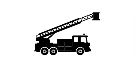 Black silhouette icon of a fire ladder truck extending its long aerial ladder, isolated on white background.