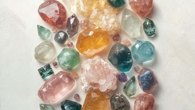 Colorful crystals, minerals and stones showcasing diverse textures and hues, often utilized in artistic and decorative applications