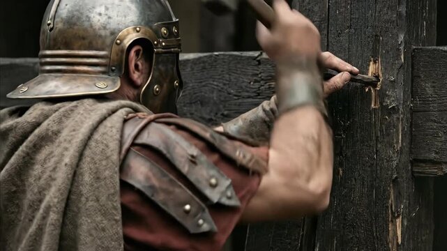 Focused roman man in legionary armor building with a large chisel and hammer, hammering a wooden stud into a timber beam for historical reconstruction.