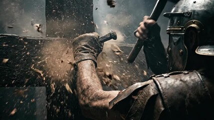 Male roman soldier hammering a large nail into a wooden crossbeam. Historical reenactment of an ancient construction or crucifixion.