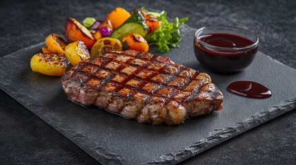 Grilled Steak with Roasted Vegetables and Red Wine Sauce on Slate Platter