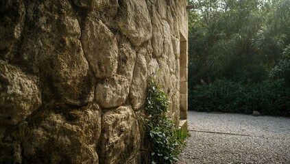Aged stone wall with moss growth and drywall details, illustrating historical building materials