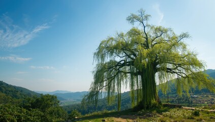 Obraz premium Mulberry trees with vibrant green foliage in a natural setting with a bright sky, highlighting ecological preservation