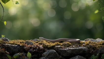 Fototapeta premium Juvenile Aesculapian snake on rocky terrain highlighting adaptation and survival strategies