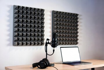 Modern home studio setup for podcasting and music production with laptop and audio gear