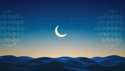 Obraz premium Islamic Crescent Moon Over Desert Night Sky with Geometric Pattern Background