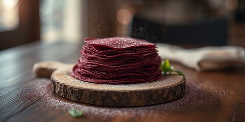 Red velvet crepes served on a rustic wooden surface, highlighting dessert preparation and visual appeal.