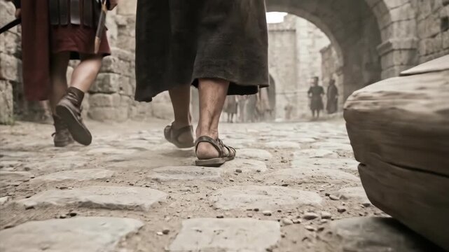 Man walking in ancient city street with Roman soldier following. Historical cobblestone road with stone arch and wooden beam.