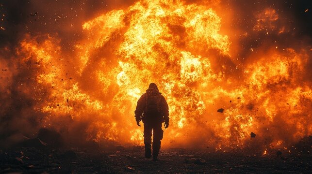 Dramatic explosion scene with silhouette walking away.
