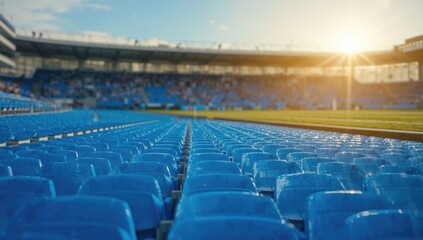 Rows of blue plastic stadium seats set up for crowd management analysis, seating arrangement planning, or event safety inspection.