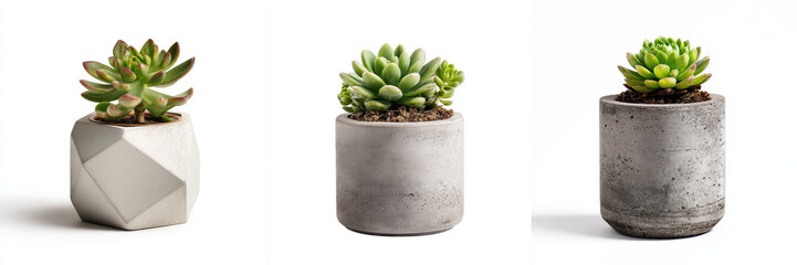 Three modern concrete plant pots each hold small succulent, showcasing minimalist design and natural beauty. pots vary in shape, adding visual interest to arrangement