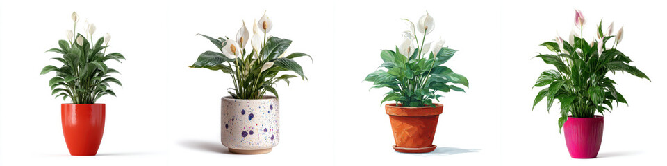 Four vibrant plant pots each hold blooming peace lily, showcasing different designs and colors. peace lilies are lush and healthy, adding touch of nature and elegance to any space