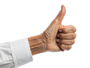 Woman shows thumb up as sign of success or approval isolated on a white or transparent background.