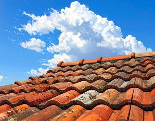 Close-up of a weathered, terracotta-colored tile roof against a bright blue sky filled with puffy, white clouds