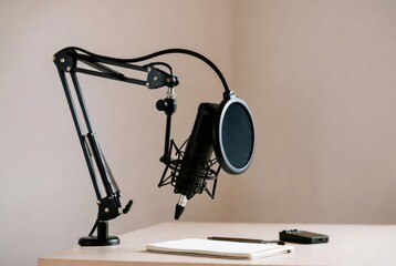 Studio microphone with pop filter and adjustable boom arm for podcast and voiceover