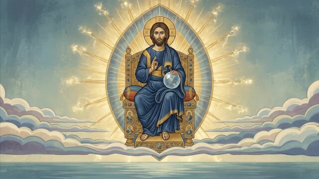 Man in blue robe sits on a throne with golden rays and white clouds. Religious illustration of heaven and cosmos.