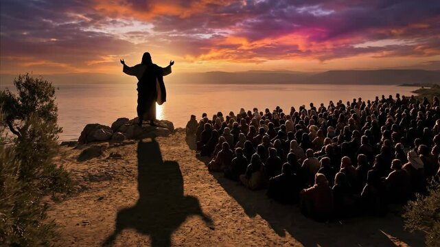 Man preaching to a large crowd by a lake at sunset. Biblical scene or worship gathering. Religious event for spiritual inspiration.