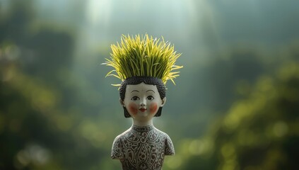 Ceramic figurine adorned with grass, highlighting handmade decoration techniques