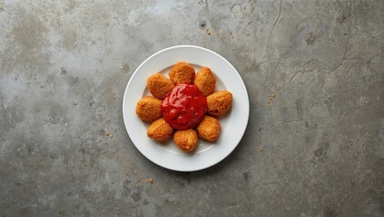Top-down view of crispy fried chicken breast strips with tomato sauce served on a white plate, highlighting fast food options, National Nutrition Month